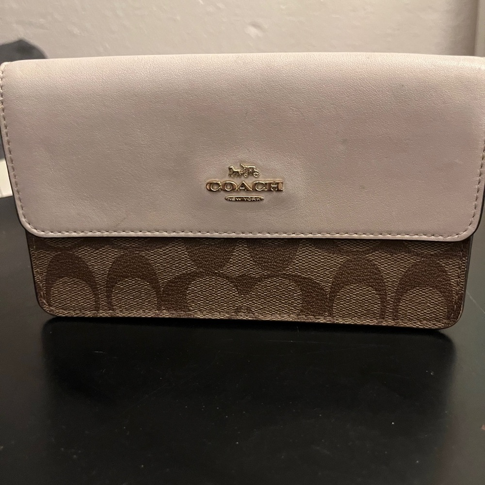 Coach Cream and Brown Wallet with Flap Closure and Signature Monogram